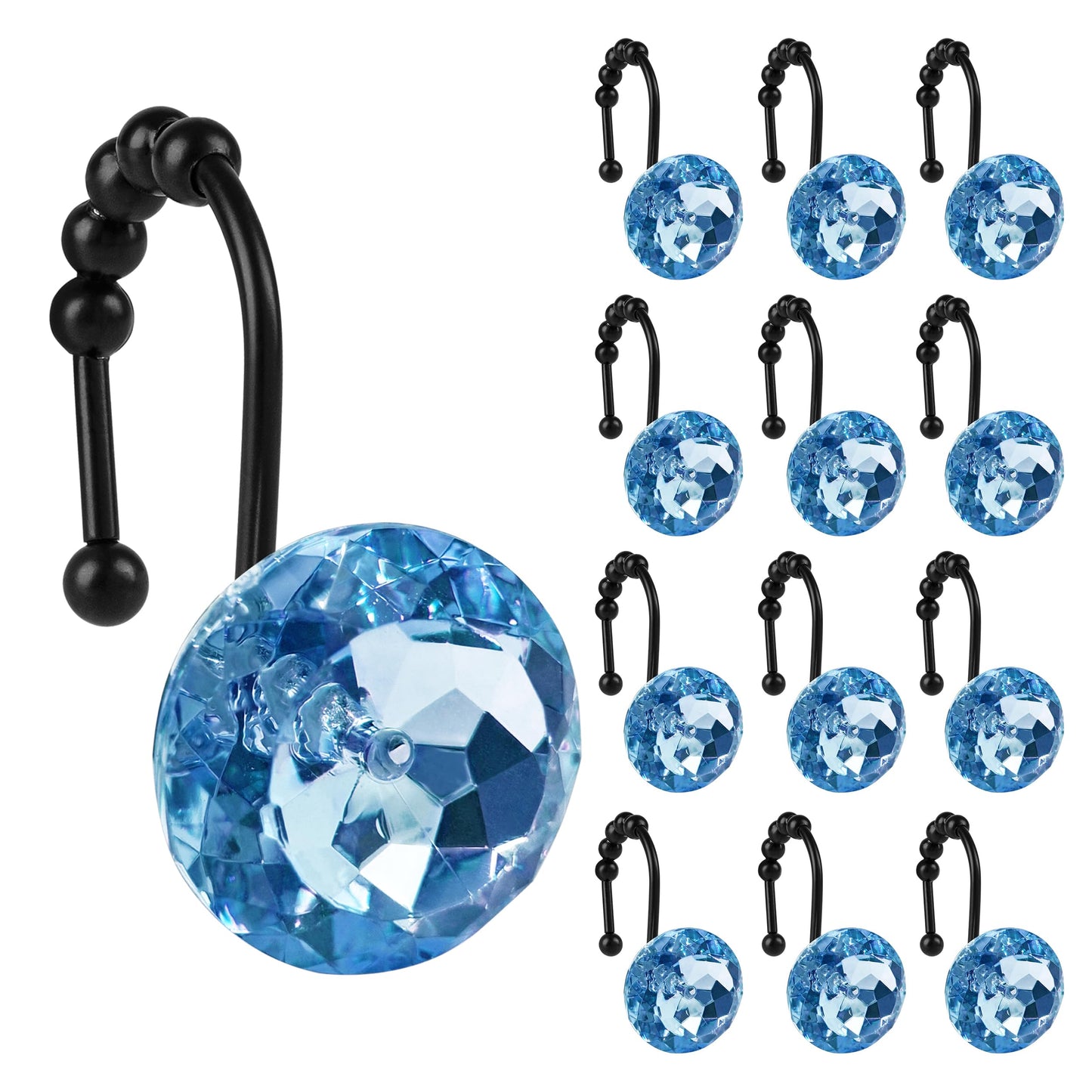 Sunlit Luxury Design Round Yellow Diamond Crystal Gem Bling with Glide Balls Shower Curtain Hooks, Rust Proof Metal Rhinestones Glam Shower Curtain Rings-12 Pack