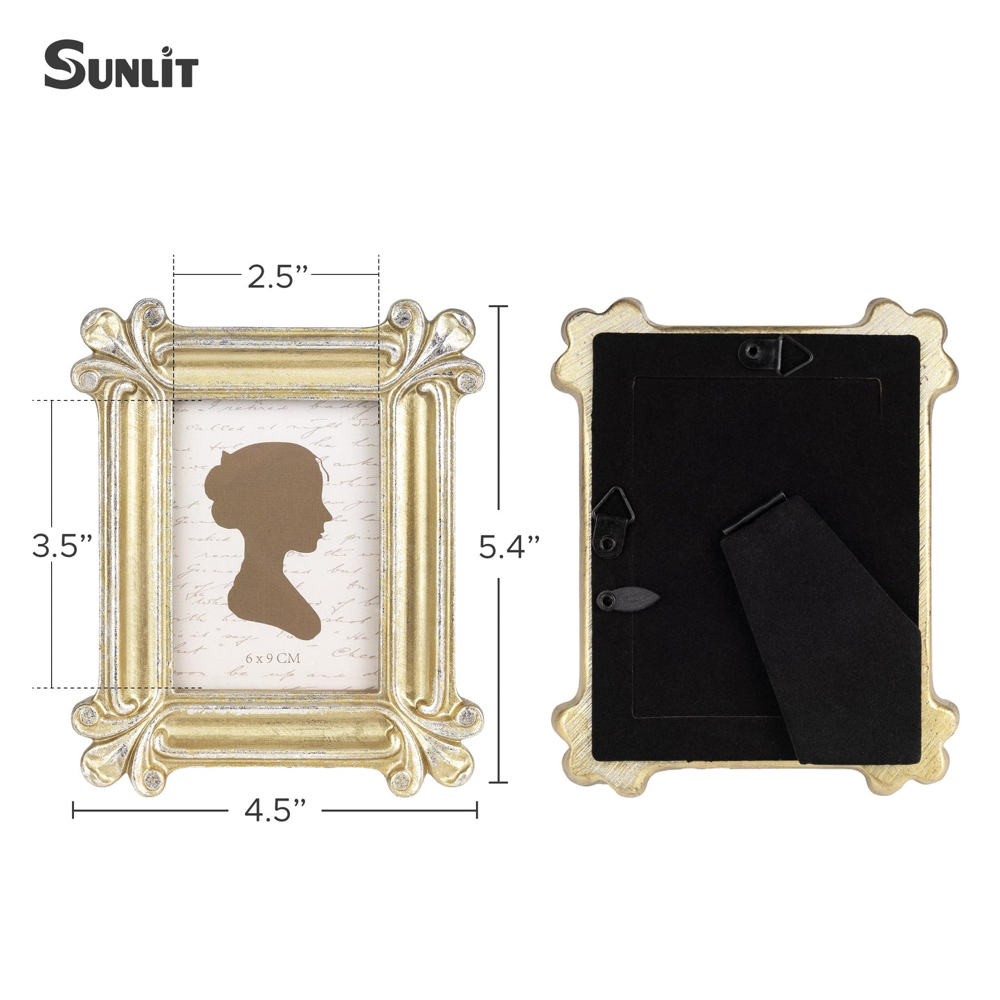 Sunlit Small Vintage Picture Frame 2.5x3.5 Inch, Antique Mini Photo Frames with Glass Front, Luxury Wallet Size Picture Frames, Photo Display Tabletop Wall Hanging Gift Ideas, Slivery Light Gold