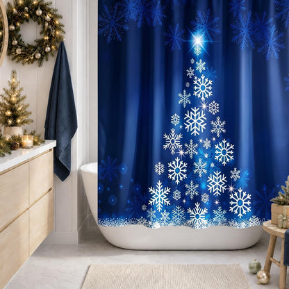Sunlit Blue Fluorescent Christmas Snowflake Tree with Dark Blue Background Fabric Shower Curtain, Bathroom Home Office Holiday Wall Decoration as Tapestry and Photo Booth Backdrop