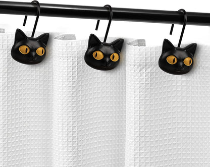 Sunlit Halloween Black Cat Shower Curtain Hooks, Home Decorative Shower Curtain Rings for Bathroom, Shower Curtain Hangers Bathroom Accessories, Set of 12, Classic Meows