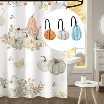 Sunlit Fall Pumpkin Decorative Shower Curtain Hooks, Autumn Harvest Festival Shower Curtain Rings, Resin Farmhouse Bathroom Curtain Hangers Decoration, Set of 12, Orange Blue White