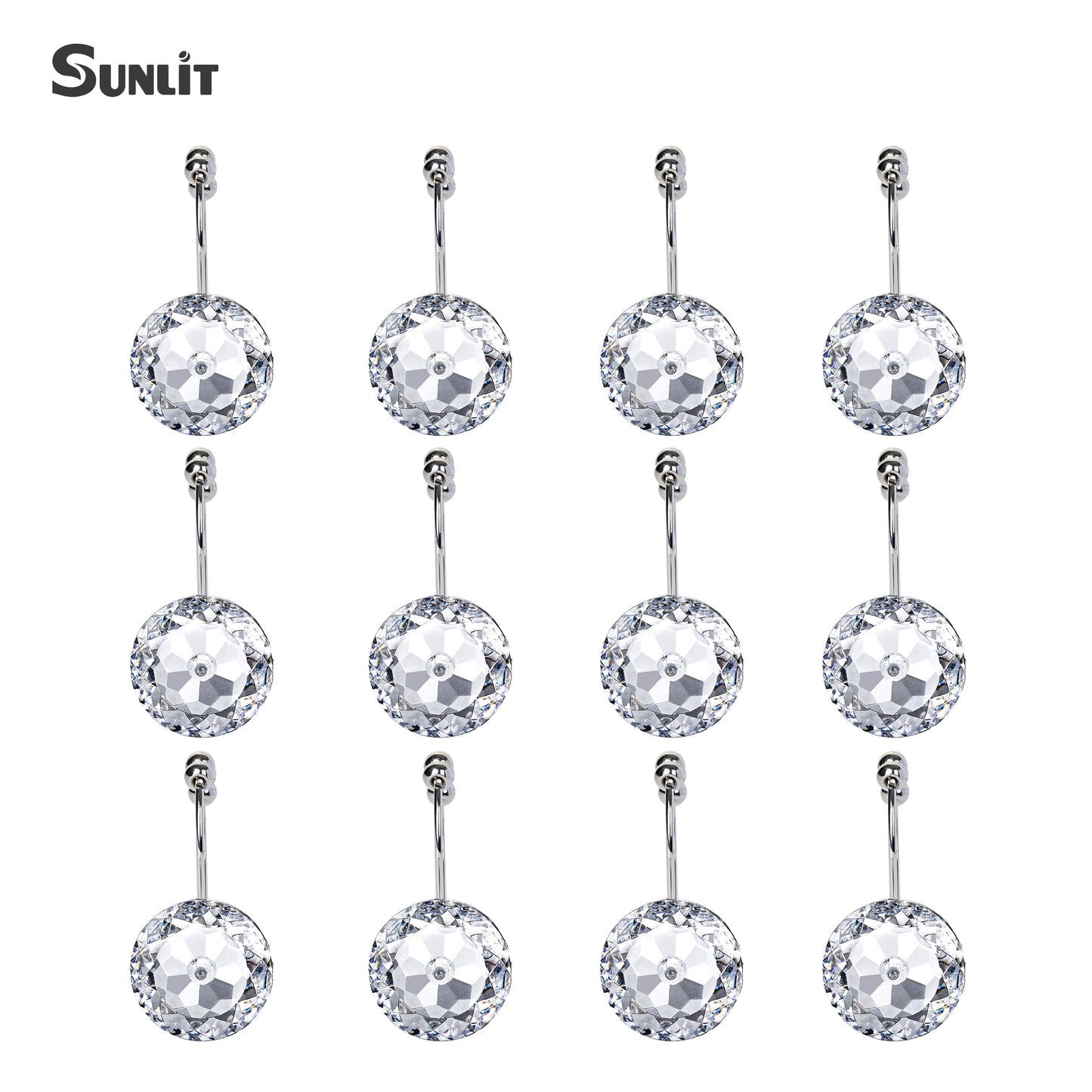 Sunlit Luxury Design Round Yellow Diamond Crystal Gem Bling with Glide Balls Shower Curtain Hooks, Rust Proof Metal Rhinestones Glam Shower Curtain Rings-12 Pack