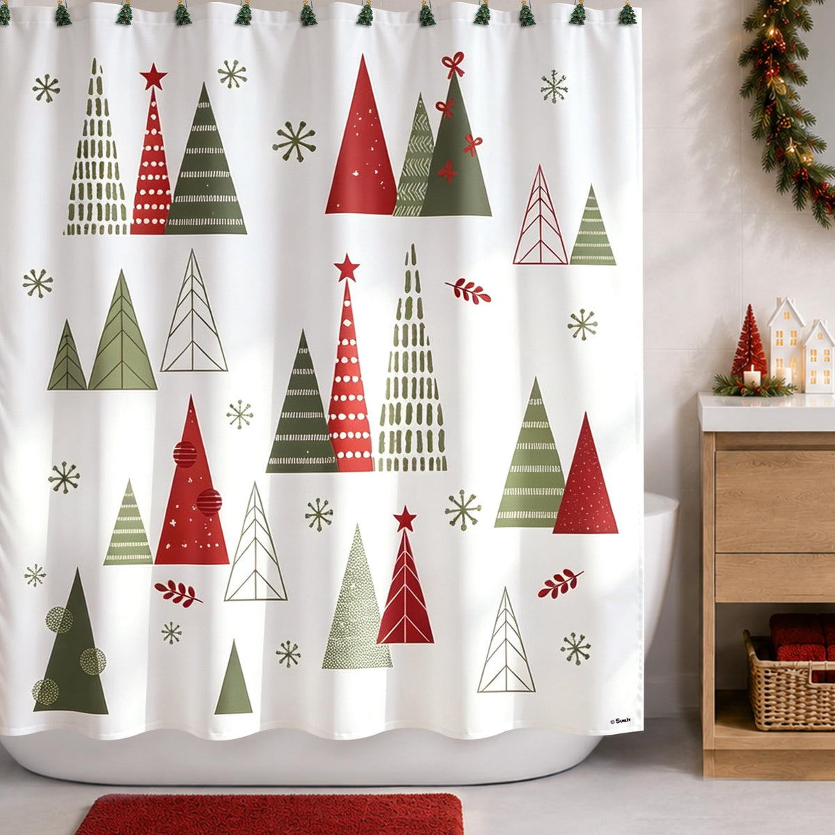 Sunlit Blue Fluorescent Christmas Snowflake Tree with Dark Blue Background Fabric Shower Curtain, Bathroom Home Office Holiday Wall Decoration as Tapestry and Photo Booth Backdrop