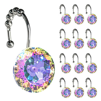 Sunlit Luxury Design Round Yellow Diamond Crystal Gem Bling with Glide Balls Shower Curtain Hooks, Rust Proof Metal Rhinestones Glam Shower Curtain Rings-12 Pack
