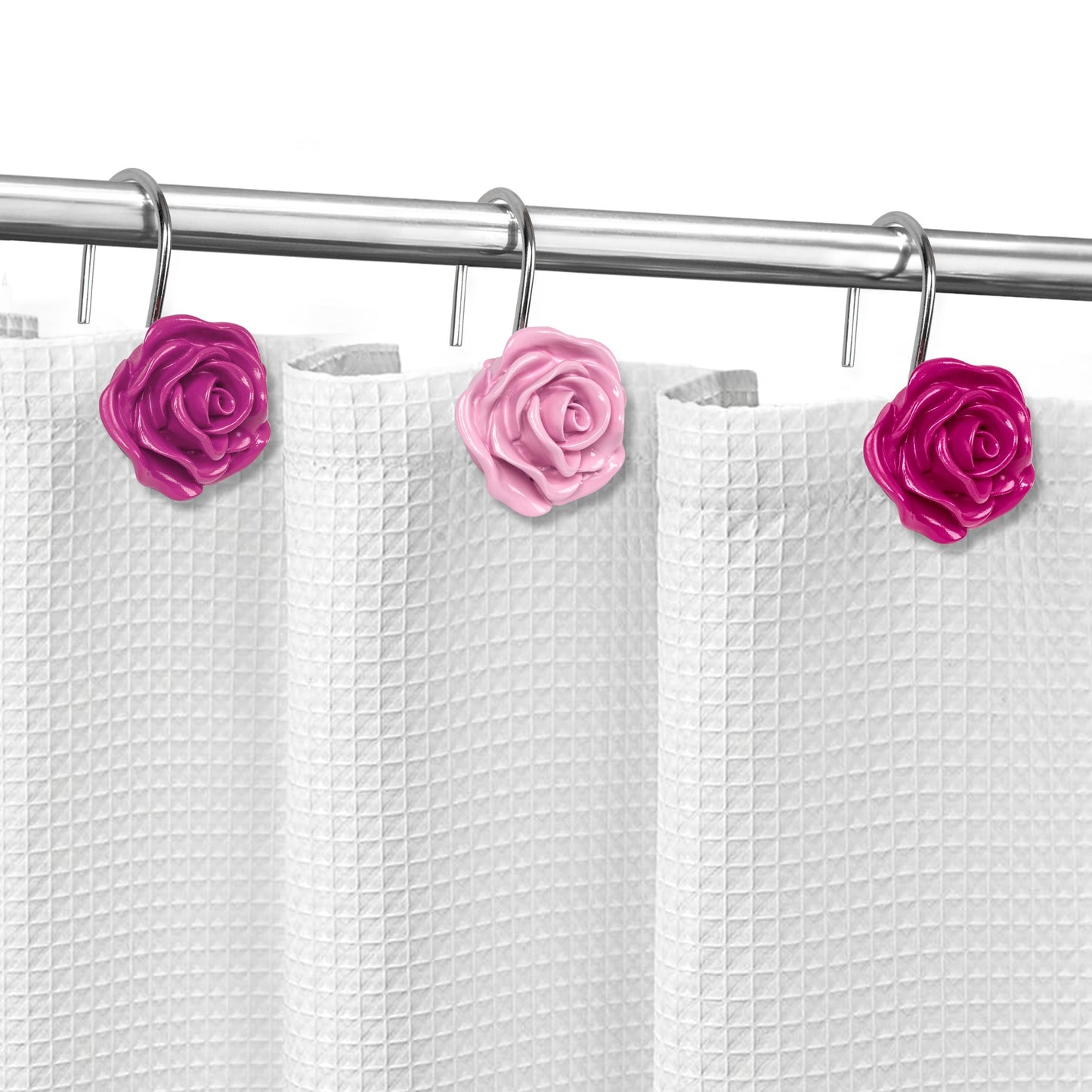 Sunlit Rose Shower Curtain Hooks, Home Decorative Flower Shower Curtain Rings for Bathroom, Resin, Pink Floral Shower Curtain Hanger Hooks for Living Room, Set of 12