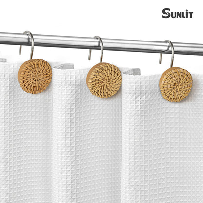 Sunlit Boho Decorative Shower Curtain Hooks, Woven Wicker Ratten Beige Shower Curtain Rings for Bathroom, Farmhouse Shower Curtain Hangers Bathroom Accessories, Set of 12