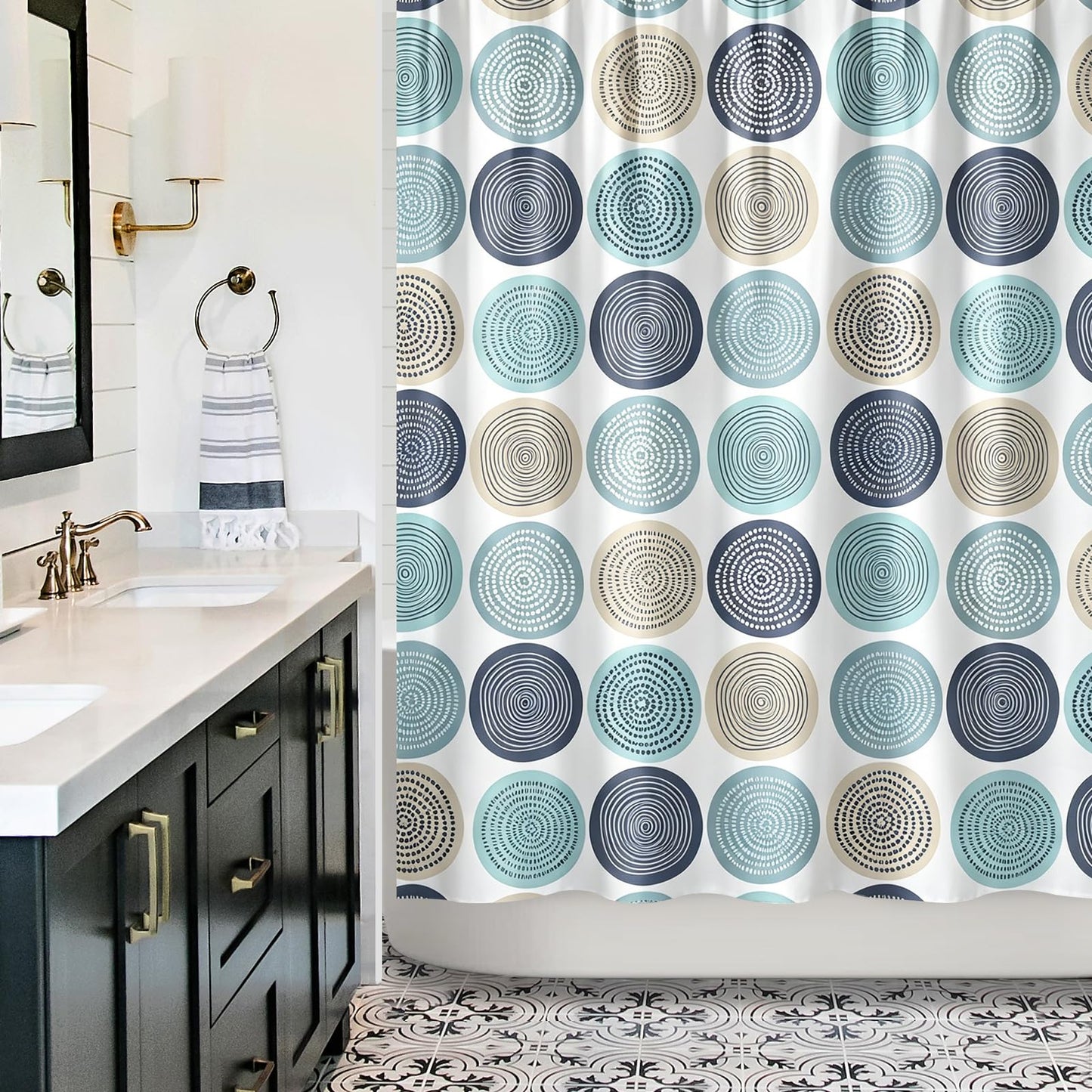 Sunlit Abstract Tree Rings Woody Artistic Small Stall Shower Curtain 36 x 72 Inches RV Half Size Narrow Bathroom Curtains Nature Pale Blue Teal Beige Light Brown Fabric Bathroom Decor