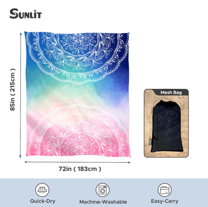 Sunlit Silky Soft Sand Proof Beach Blanket 106"x81" / 85"x72" Sand Proof Mat with Corner Pockets and Mesh Bag for Beach Party, Travel, Camping and Outdoor Music Festival, Mandala