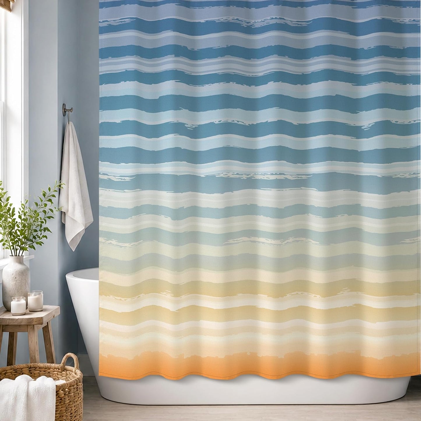 Sunlit Sunset Ombre Striped Shower Curtain, Blue and Orange Textured Slubbed Fabric Shower Curtain for Bathroom Decoration, Gradient Stripe Bathroom Curtain, 72x72