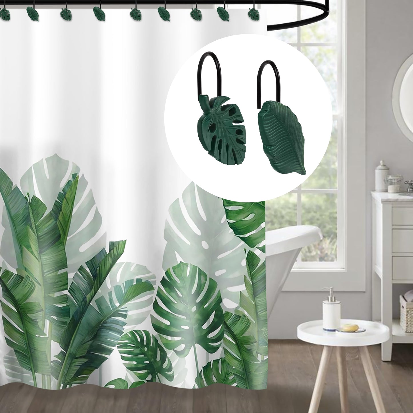 Tropical Leaf Decorative Shower Curtain Hooks Green Botanical Shower Curtain Rings, Resin, Monstera Deliciosa Leaves Shower Curtain Hangers for Bathroom, Set of 12