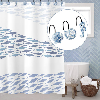 Sunlit Seashells Decorative Shower Curtain Hooks, Blue Ocean Creatures Coastal Shower Curtain Rings with Black Hooks, Resin, Nautical Bathroom Decoration Beach Shower Curtain Hooks, Set of 12