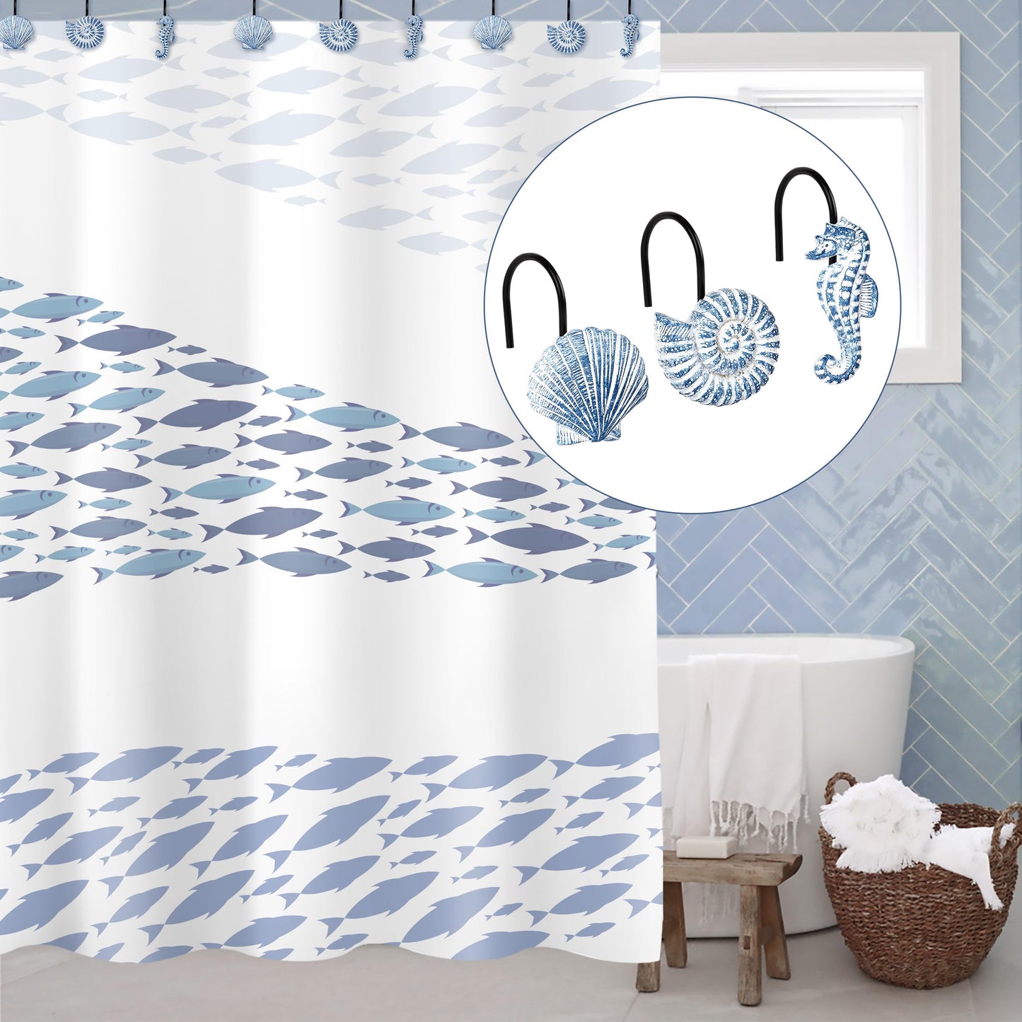 Sunlit Seashells Decorative Shower Curtain Hooks, Aqua Blue Ocean Creatures Coastal Shower Curtain Rings with Black Hooks, Resin, Nautical Bathroom Decoration Beach Shower Curtain Hooks, Set of 12