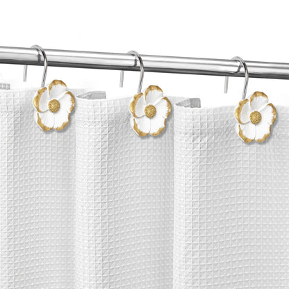 Sunlit Flower Shower Curtain Hooks, Home Decorative Shower Curtain Rings for Bathroom, Resin, White with Gold Edges Floral Shower Curtain Hanger Hooks for Living Room, Set of 12
