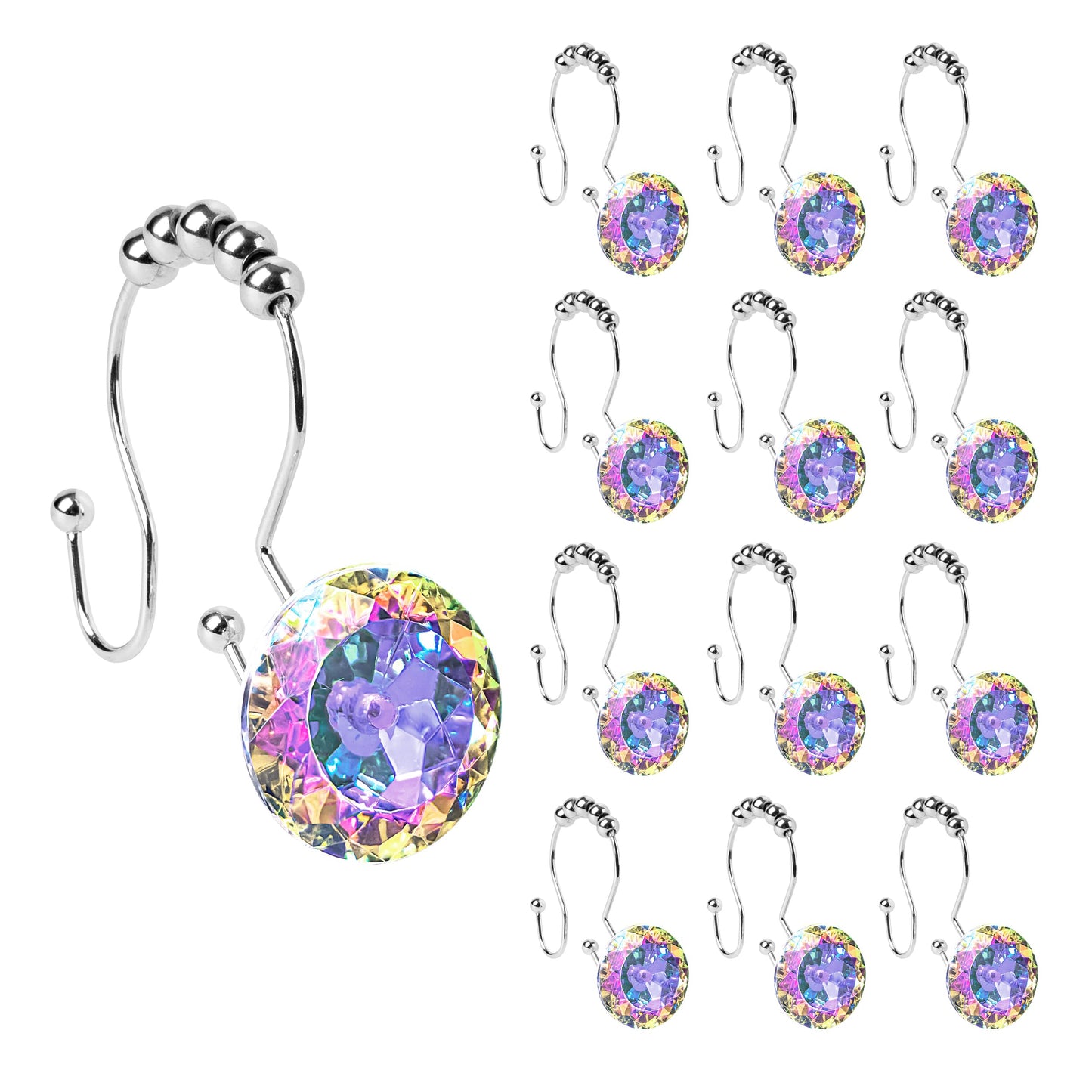 Sunlit Luxury Design Round Yellow Diamond Crystal Gem Bling with Glide Balls Shower Curtain Hooks, Rust Proof Metal Rhinestones Glam Shower Curtain Rings-12 Pack
