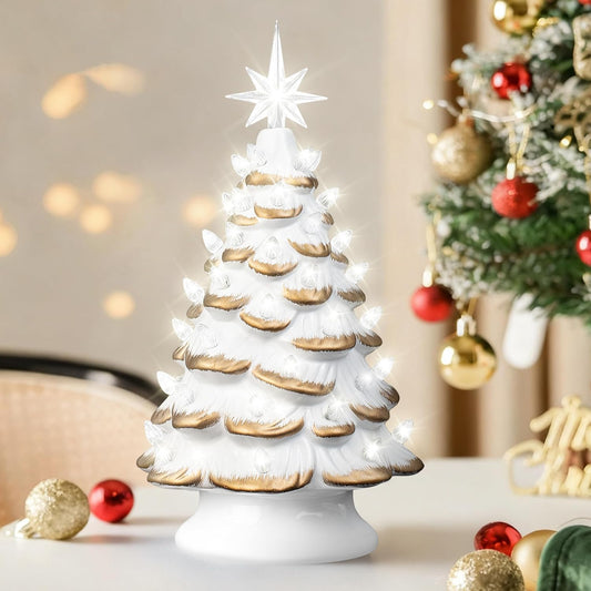 Sunlit 13'' Cordless Lighted Ceramic Christmas Tree Vintage Tabletop Christmas Decoration Pre-Lit Colorful Mini Light Bulbs Traditional AA Battery Operated LED - White and Gold