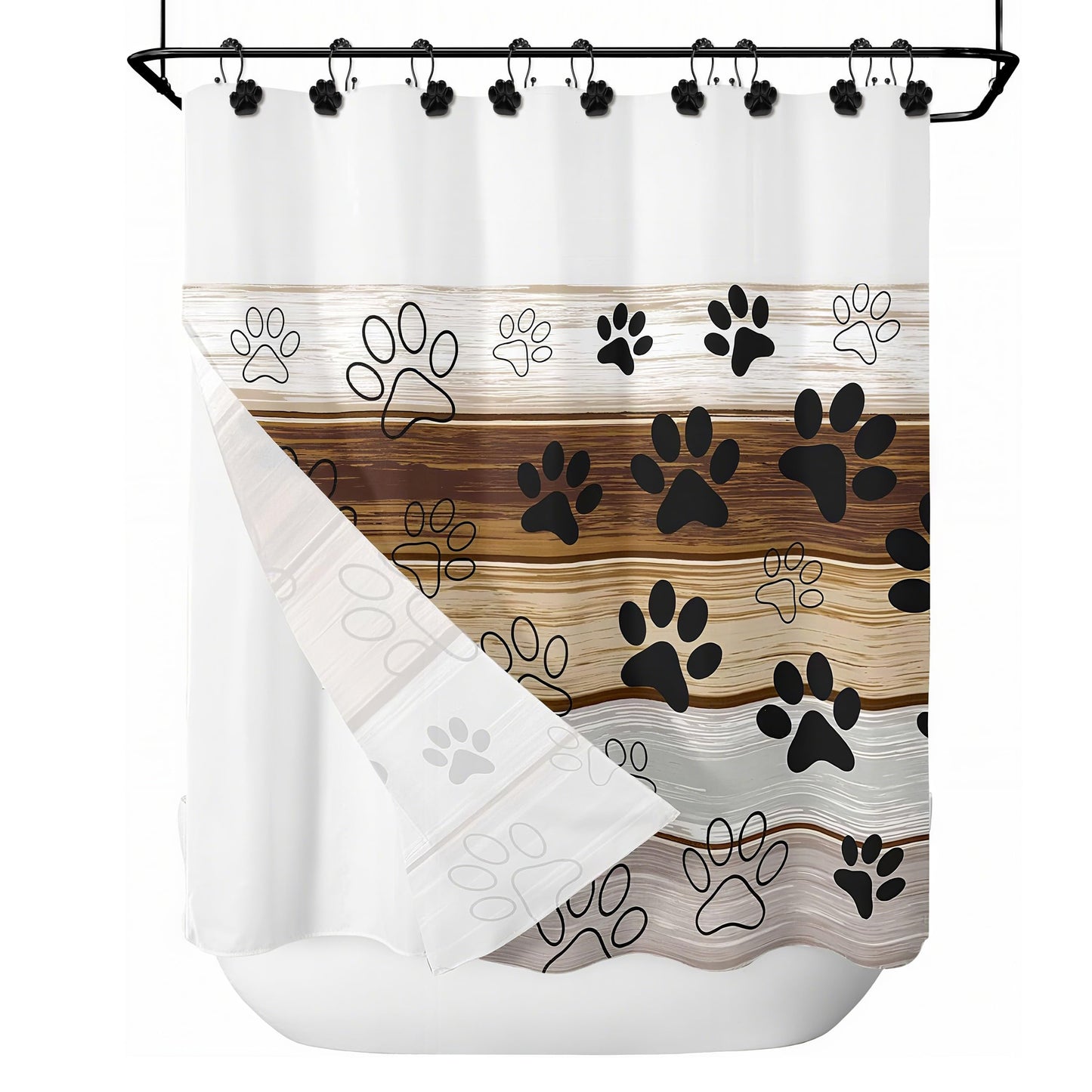 Sunlit Fashion Design Cute Paw Print Polished Double Shower Curtain Hooks for Dog Cat and Bear, Rust Proof Oil Rubbed Metal Shower Curtain Rings-12 Pack