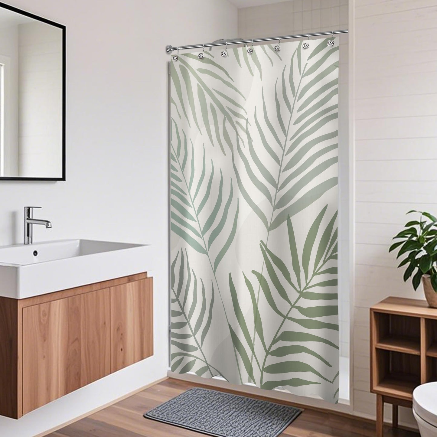 Sunlit 36x72 Inches Sage Green Textured Slubbed Fabric Shower Curtain, Mid Century Modern Palm Leaf Small Stall Shower Curtains for Bathroom Decoration, RV Half Size Narrow Boho Bathroom Curtains