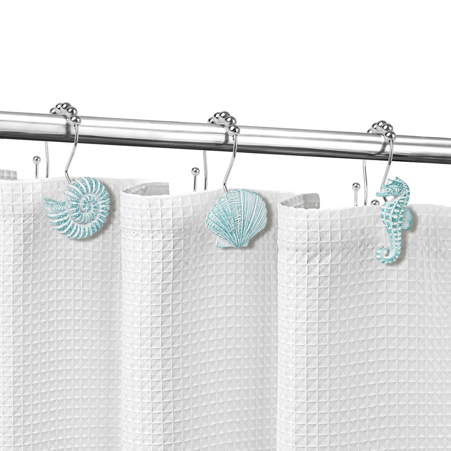 Sunlit Seashells Decorative Shower Curtain Hooks, Aqua Blue Ocean Creatures Coastal Shower Curtain Rings with Black Hooks, Resin, Nautical Bathroom Decoration Beach Shower Curtain Hooks, Set of 12