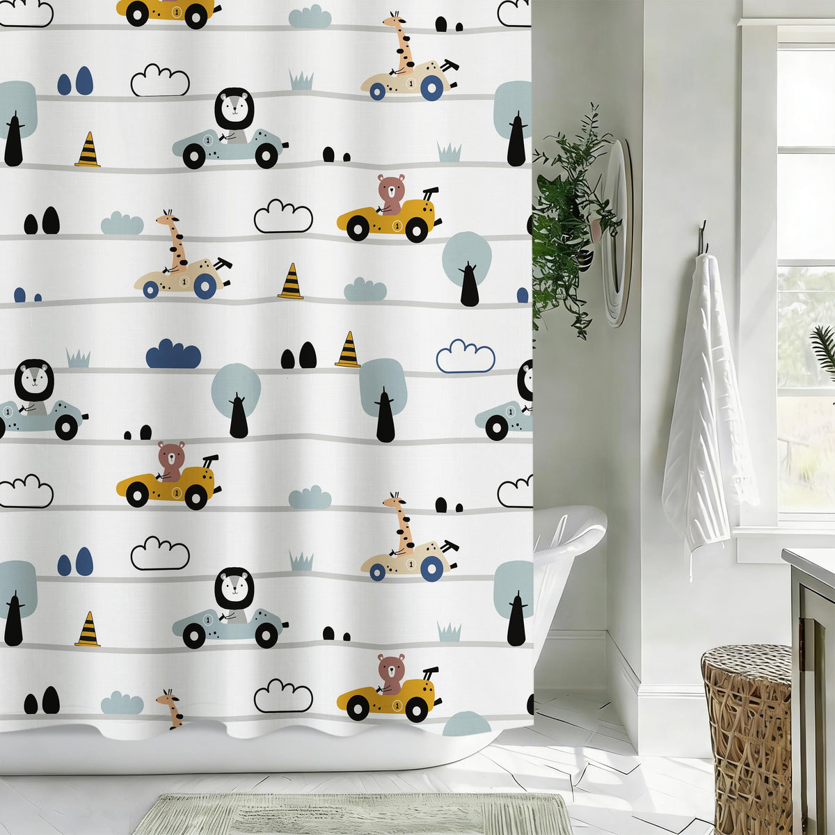 Sunlit Funny Car Race Fabric Kids Shower Curtain, Cute Cartoon Animal Drivers with Giraffe, Lion & Bear, Fun Road Trip Theme Bathroom Decor for Boys and Girls, 72 x 72 Inches, Sage Green