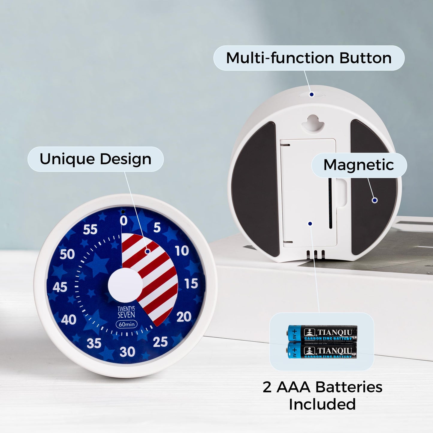 TWENTY5 SEVEN Countdown Timer 3 inch, Silent 60 Minute 1 Hour Visual Timer with Pause Function, Magnetic Classroom Teaching Tool Office Meeting, Countdown Clock for Kids Time Management, Blue Stars