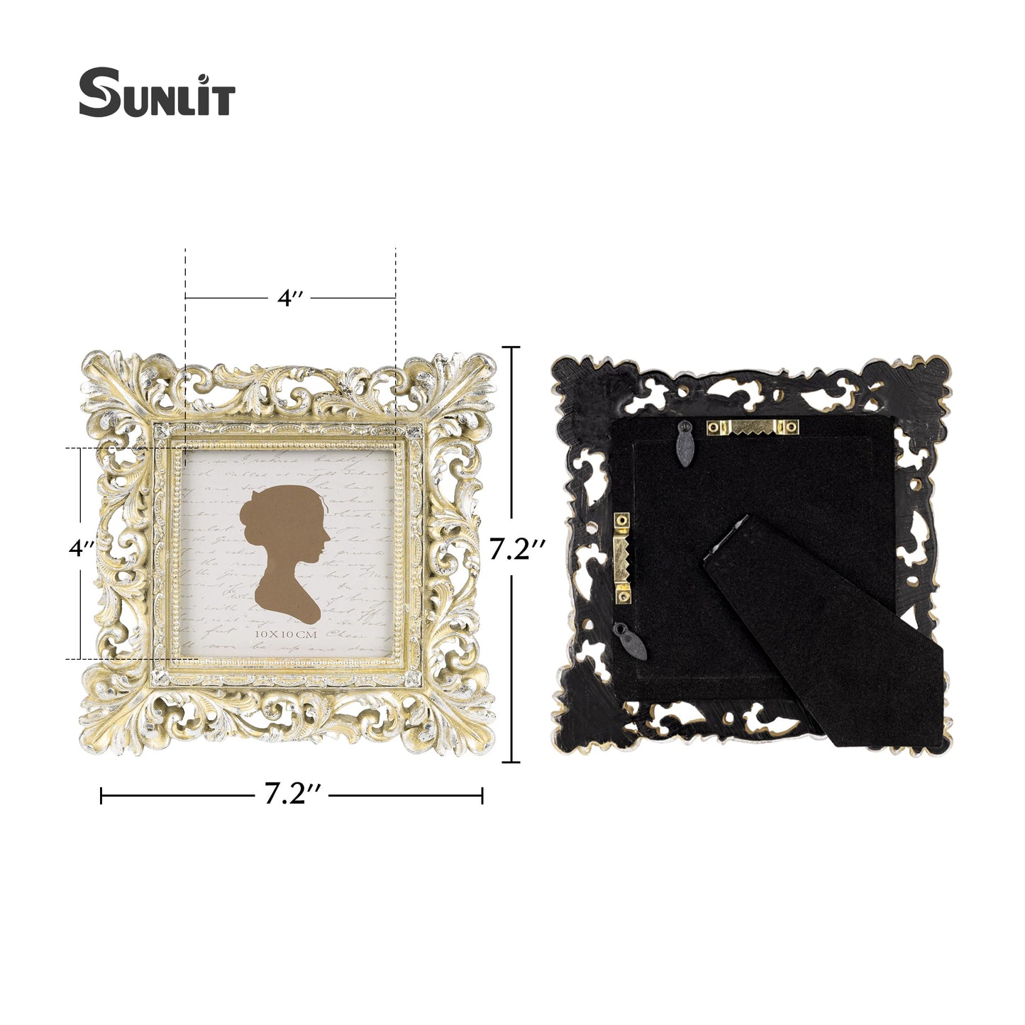 Sunlit Vintage Picture Frame 4x4 Inch, Luxury Antique Square Photo Frames with Glass Front, Photo Display, Tabletop Wall Hanging, Gift Ideas, Antique Gold Silver