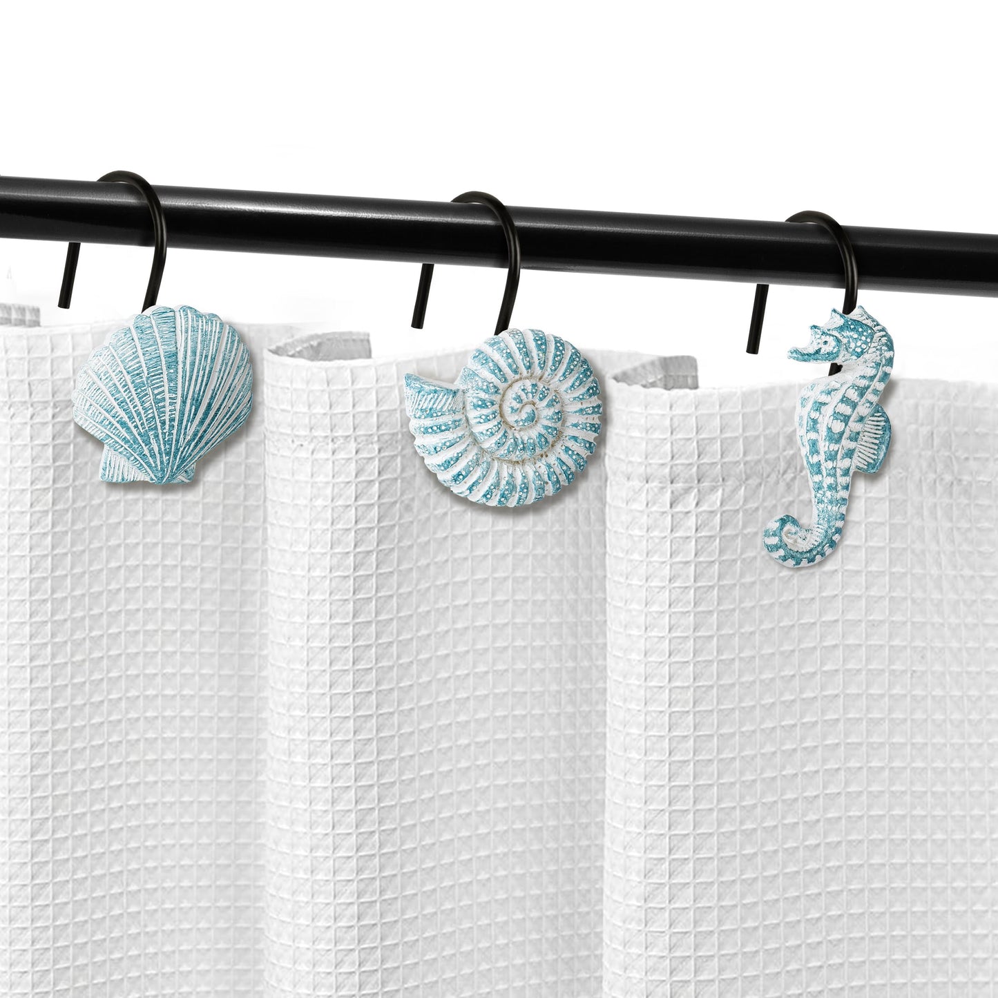 Sunlit Seashells Decorative Shower Curtain Hooks, Blue Ocean Creatures Coastal Shower Curtain Rings with Black Hooks, Resin, Nautical Bathroom Decoration Beach Shower Curtain Hooks, Set of 12