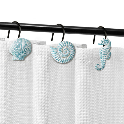 Sunlit Seashells Decorative Shower Curtain Hooks, Blue Ocean Creatures Coastal Shower Curtain Rings with Black Hooks, Resin, Nautical Bathroom Decoration Beach Shower Curtain Hooks, Set of 12