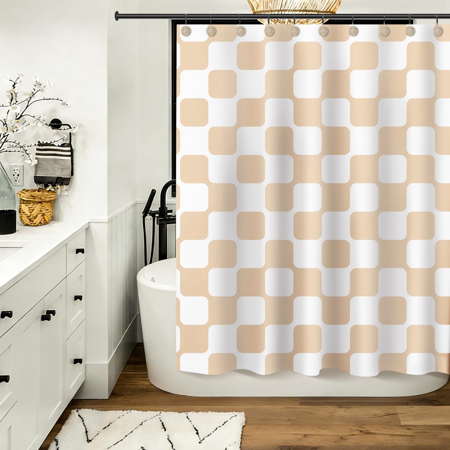 Sunlit Retro Checkered Faux Linen Fabric Shower Curtain, Beige Geometric Design with Organic Rounded Grid Pattern, Mid-Century Modern Bathroom Decor, 72" x 72"