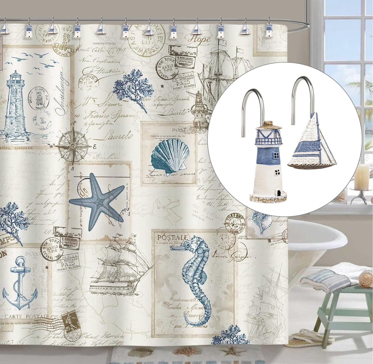 Sunlit Nautical Shower Curtain Hooks, Home Decorative Coastal Shower Curtain Rings for Bathroom, Resin, Ocean Shower Curtain Hanger Hooks for Living Room, Set of 12, Blue Lighthouse Sailboat