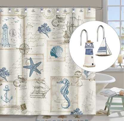 Sunlit Nautical Shower Curtain Hooks, Home Decorative Coastal Shower Curtain Rings for Bathroom, Resin, Ocean Shower Curtain Hanger Hooks for Living Room, Set of 12, Blue Lighthouse Sailboat