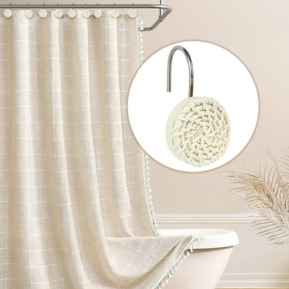 Sunlit Boho Decorative Shower Curtain Hooks, Woven Wicker Ratten Beige Shower Curtain Rings for Bathroom, Farmhouse Shower Curtain Hangers Bathroom Accessories, Set of 12