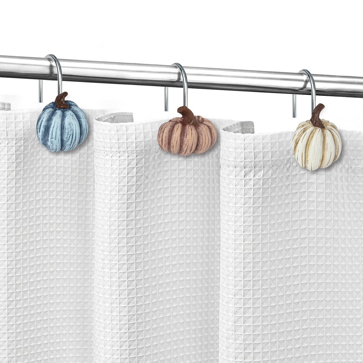 Sunlit Fall Pumpkin Decorative Shower Curtain Hooks, Autumn Harvest Festival Shower Curtain Rings, Resin, Orange Farmhouse Bathroom Curtain Hangers Decoration, Set of 12