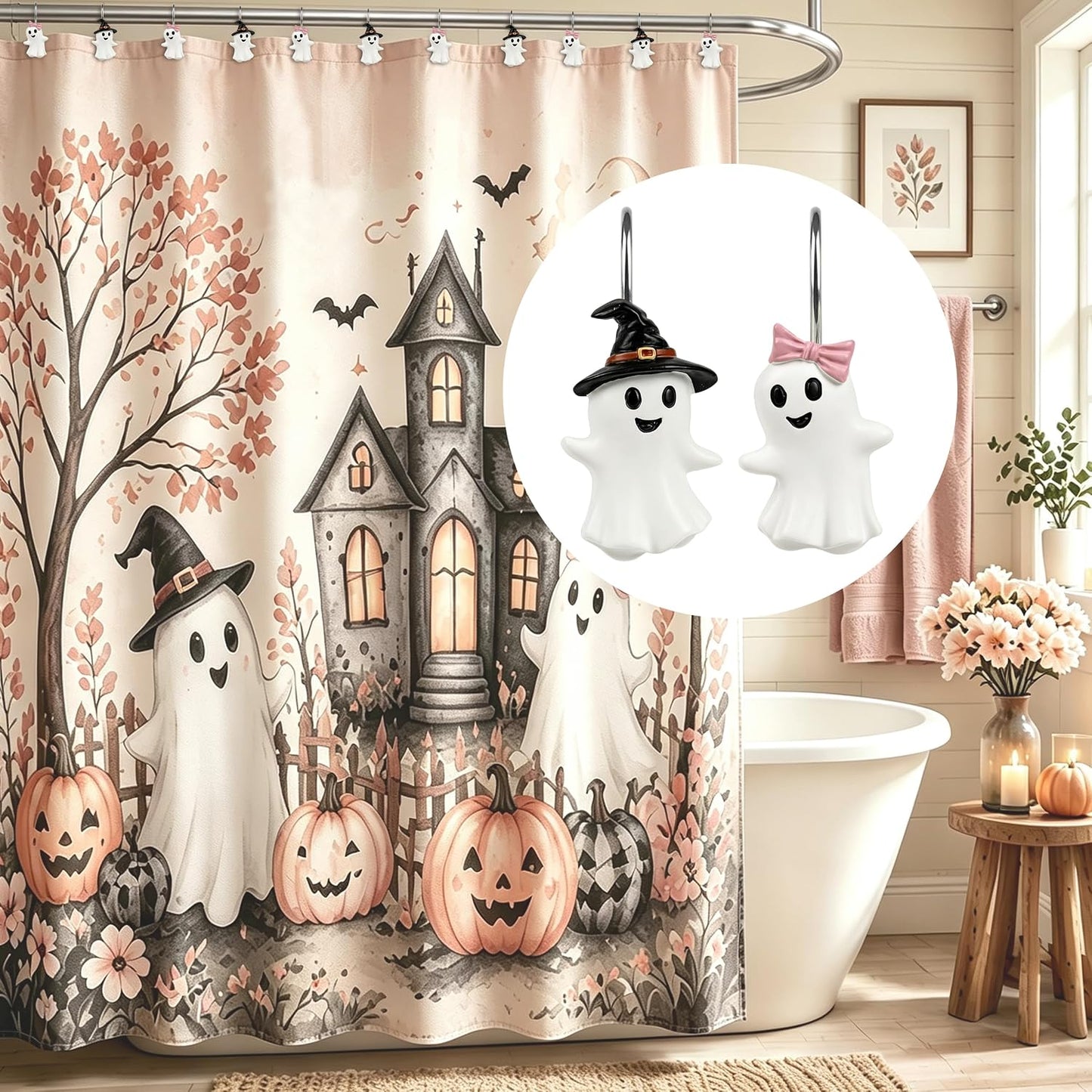 Sunlit Boy and Girl Ghost Shower Curtain Hooks, Home Decorative Shower Curtain Rings for Bathroom, Halloween Cute Ghost Shower Curtain Hangers Bathroom Accessories, Set of 12