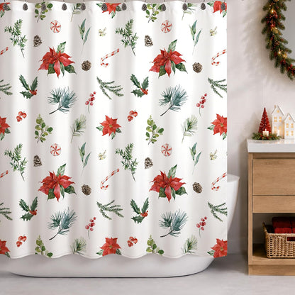 Sunlit Christmas Shower Curtain, Festive Poinsettia and Pine Botanical Holiday Print with Candy Cane Accents, Winter Farmhouse Bathroom Decor, 72" x 72"