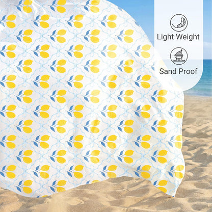 Sunlit Large Beach Blanket Waterproof Sand Proof, 81" x106" Sand Free Mat with Corner Pockets and Storage Bag, for Travel Beach Camping Outdoor Festival, Chic Summer Accent Lemon Lattice