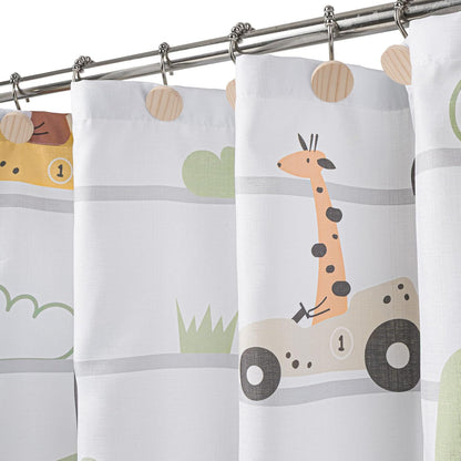 Sunlit Funny Car Race Fabric Kids Shower Curtain, Cute Cartoon Animal Drivers with Giraffe, Lion & Bear, Fun Road Trip Theme Bathroom Decor for Boys and Girls, 72 x 72 Inches, Sage Green