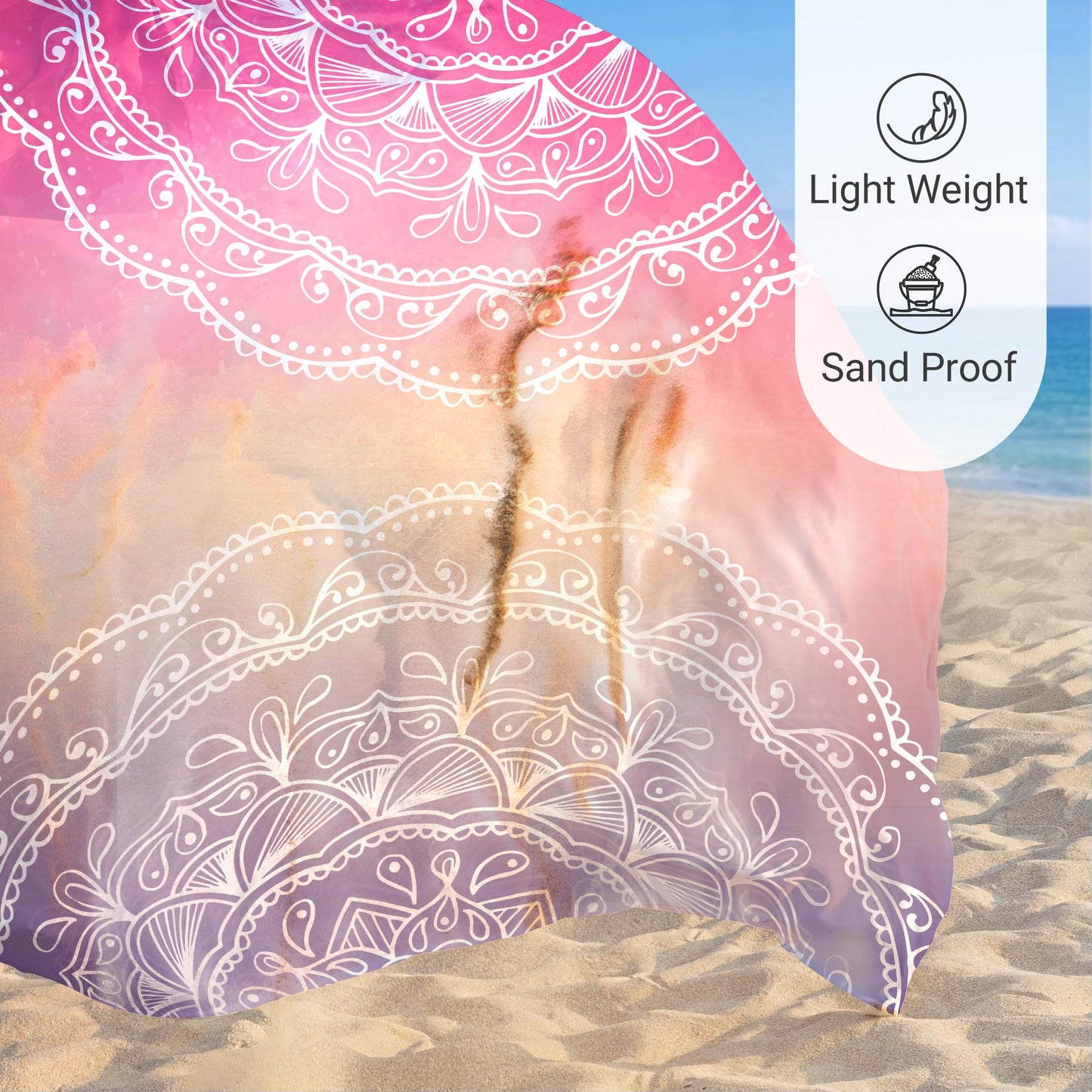 Sunlit Silky Soft Sand Proof Beach Blanket 106"x81" / 85"x72" Sand Proof Mat with Corner Pockets and Mesh Bag for Beach Party, Travel, Camping and Outdoor Music Festival, Mandala