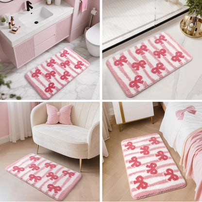 Sunlit Cute Bow Bathroom Rugs 32x20, Coquette Pink Bow Rug for Bedroom, Extra Soft Super Absorbent Bath Mat Quick Dry, Shaggy Bath Rug Non-Slip Washable Bathroom Floor Mat, Pink Stripe