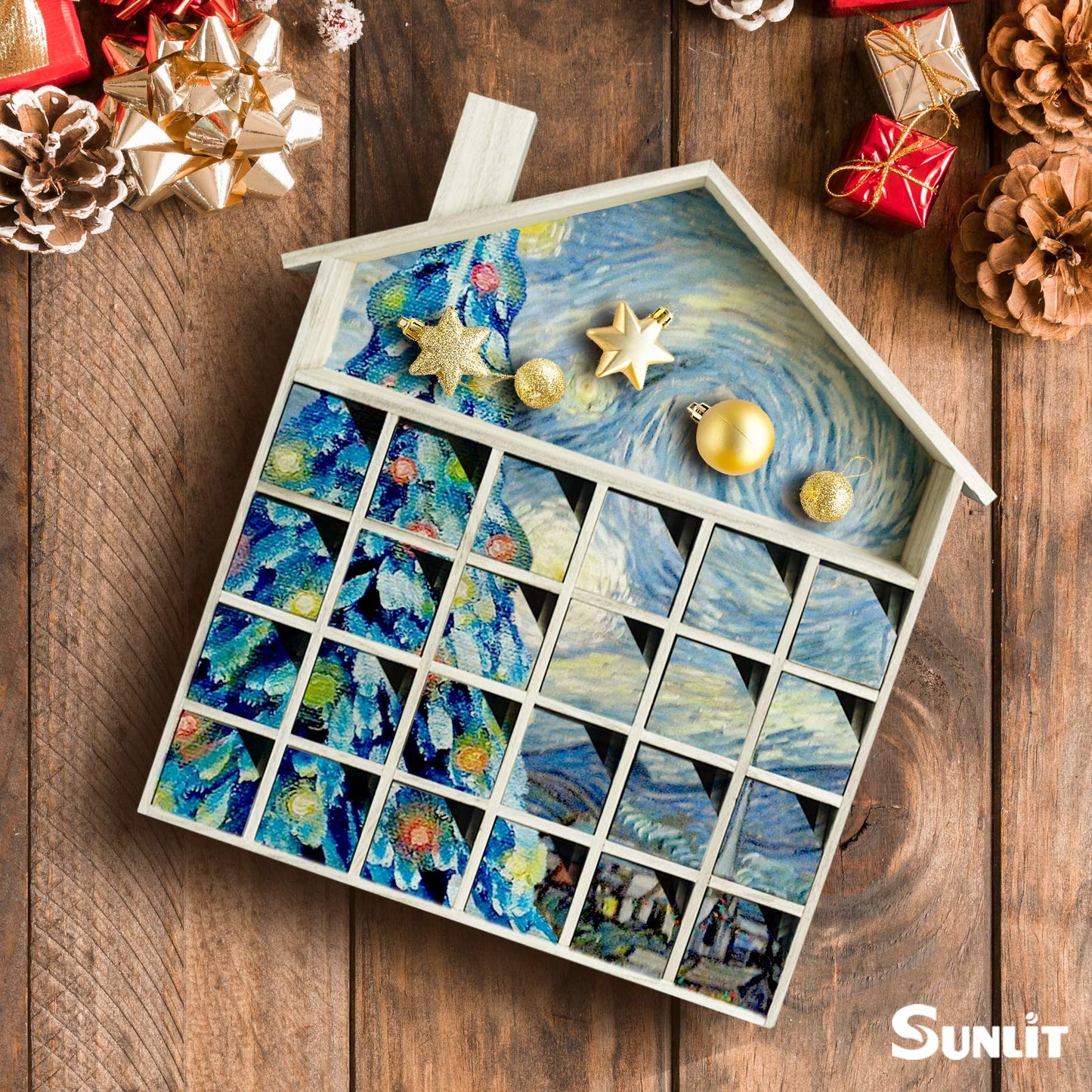 Sunlit Christmas Wooden Advent Calendar with Drawers, Unfinished Wooden, Chalet Shaped Countdown Calendar Ready to Decorate and Personalize | Craft Storage Box | DIY Guru and Crafters