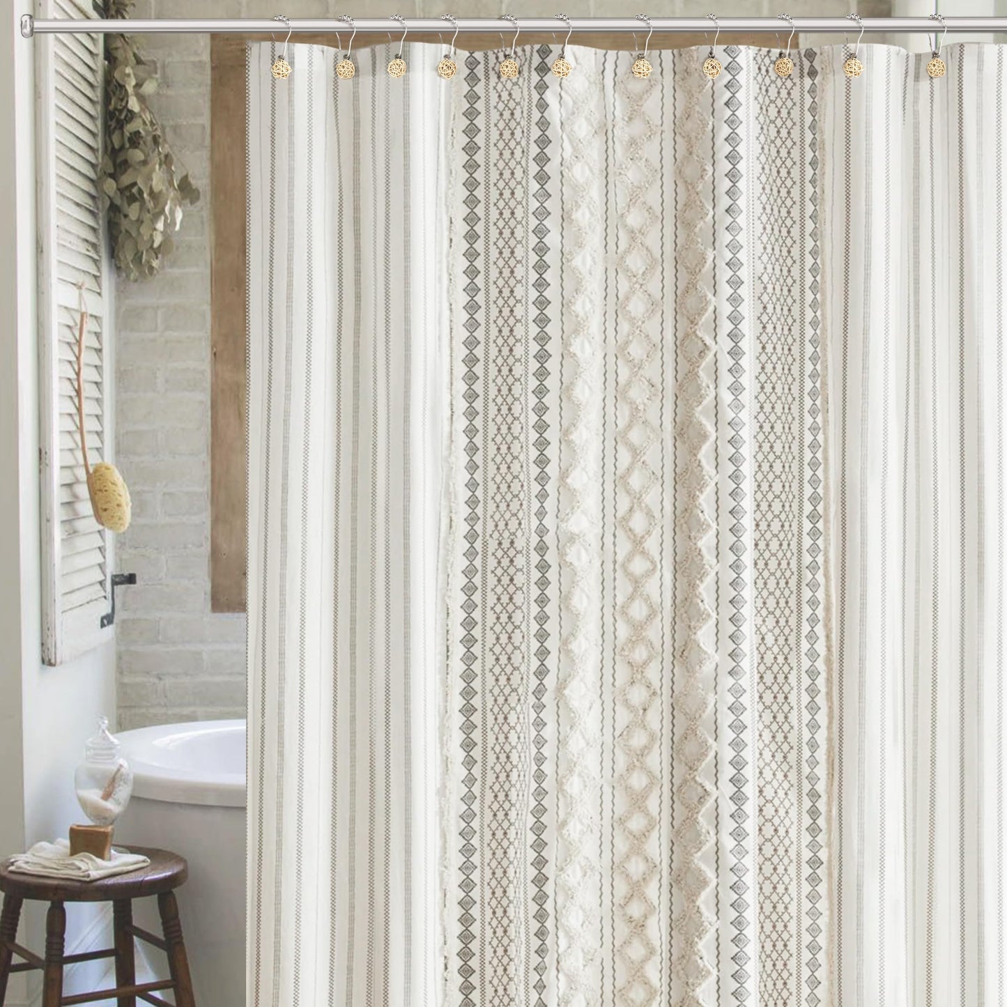 Sunlit Boho Decorative Rattan Balls Shower Curtain Hooks, Wicker Orbs Shower Curtain Rings for Bathroom, Farmhouse Shower Curtain Hangers Bathroom Accessories, Set of 12, Brown