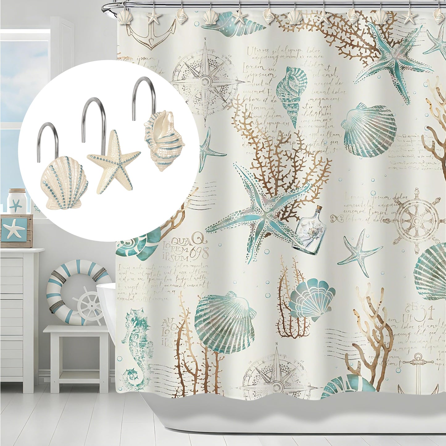 Sunlit Seashells Decorative Shower Curtain Hooks, Scallop Nautilus & Seahorse Shower Curtain Rings, Seashell Blush, Resin, Nautical Bathroom Decoration Beach Shower Curtain Hooks-12 Pack