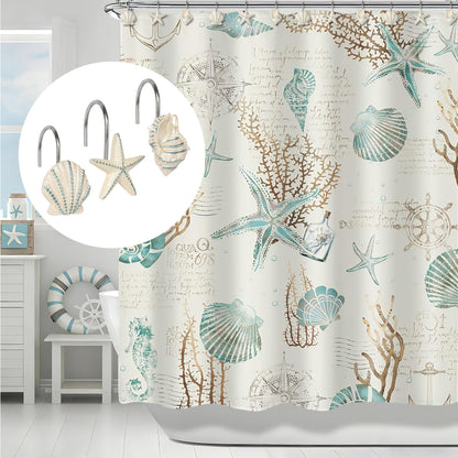 Sunlit Seashells Decorative Shower Curtain Hooks, Scallop Nautilus & Seahorse Shower Curtain Rings, Seashell Blush, Resin, Nautical Bathroom Decoration Beach Shower Curtain Hooks-12 Pack