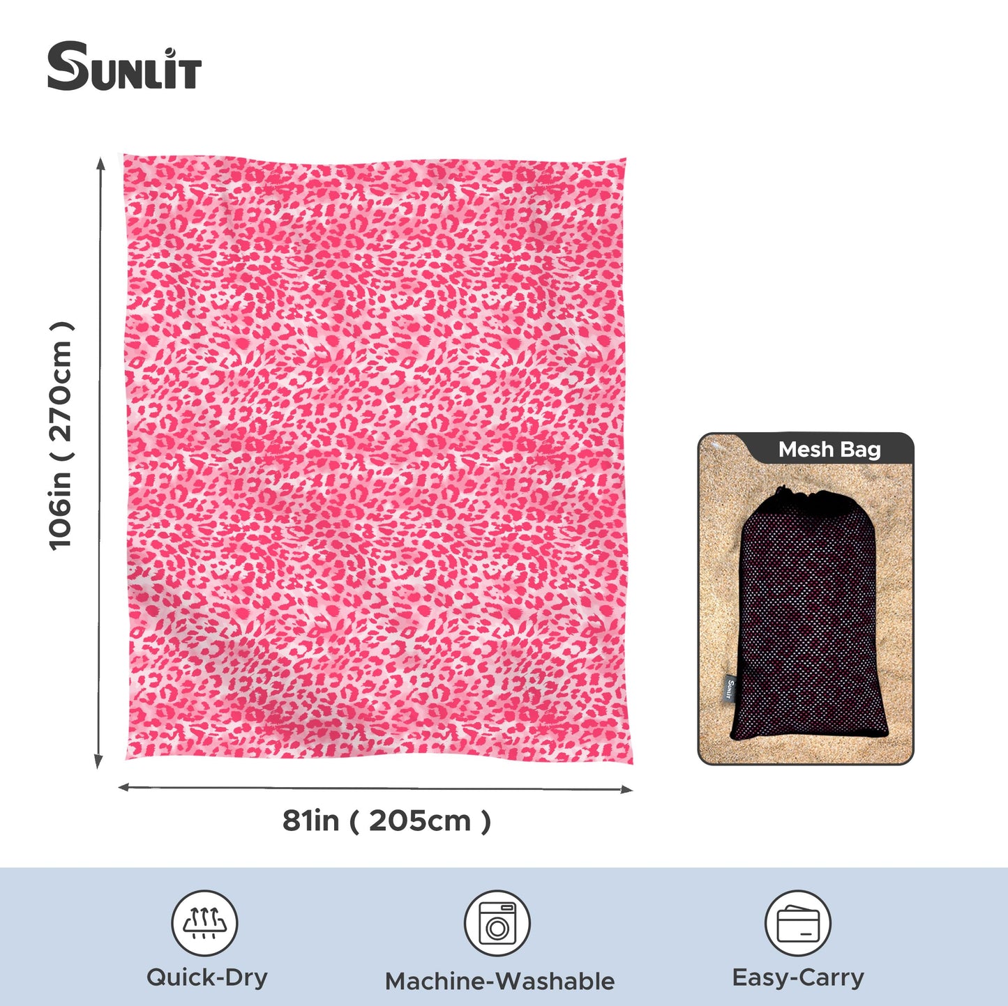 Sunlit Large Cheetah Beach Blanket Waterproof Sand Proof, 81" x106" Sand Free Beach Mat with Corner Pockets and Storage Bag, for Travel Beach Camping Outdoor Festival, Black Pink Leopard