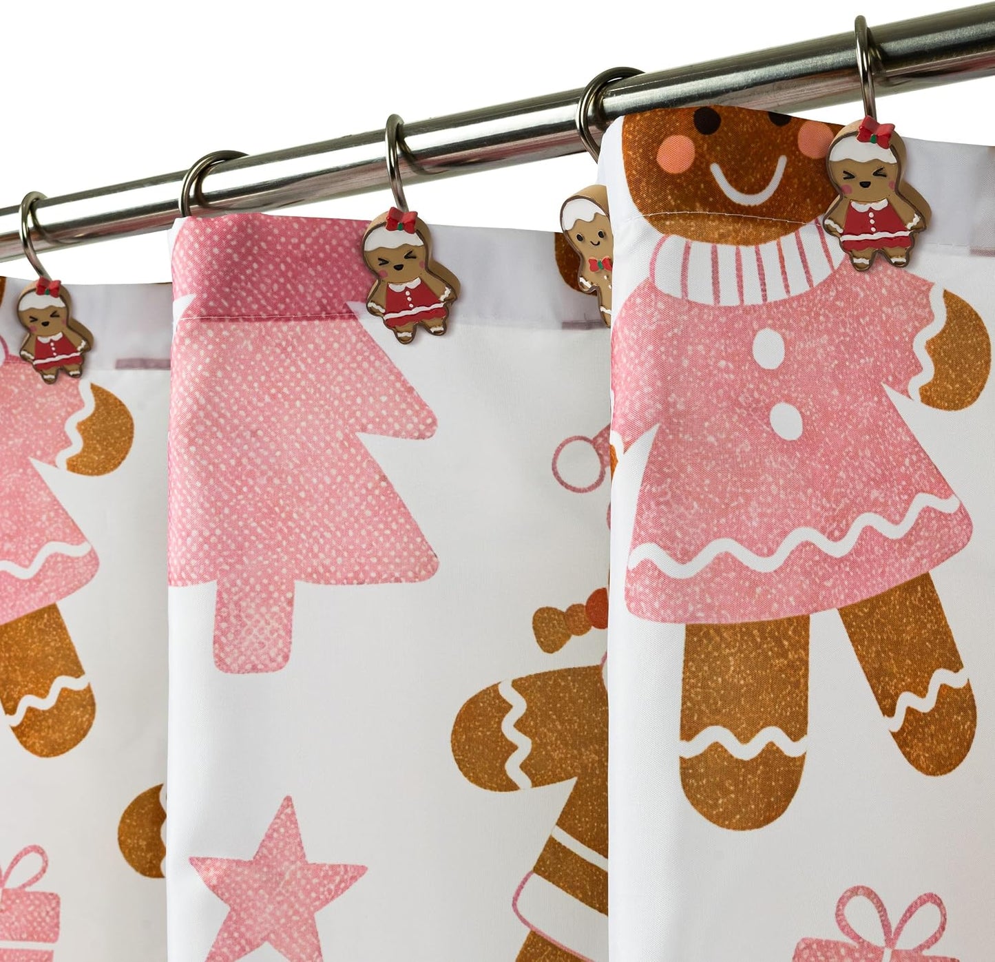 Sunlit Christmas Shower Curtain, Cute Gingerbread Men, Pink Christmas Trees and Gifts with Snowflake Accents, Whimsical Holiday Bathroom Decor, 72" x 72"