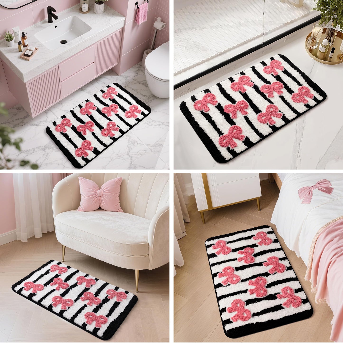 Sunlit Cute Bow Bathroom Rugs 32x20, Coquette Pink Bow Rug for Bedroom, Extra Soft Super Absorbent Bath Mat Quick Dry, Shaggy Bath Rug Non-Slip Washable Bathroom Floor Mat, Pink Stripe