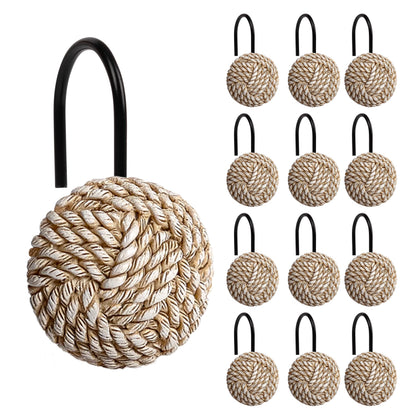 Sunlit Boho Knots Double Shower Curtain Hooks, Home Decorative White Shower Curtain Rings for Bathroom, Seaside Nautical Shower Curtain Hangers Bathroom Accessories, Set of 12