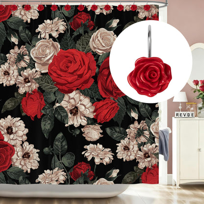 Sunlit Rose Shower Curtain Hooks, Home Decorative Flower Shower Curtain Rings for Bathroom, Resin, Pink Floral Shower Curtain Hanger Hooks for Living Room, Set of 12