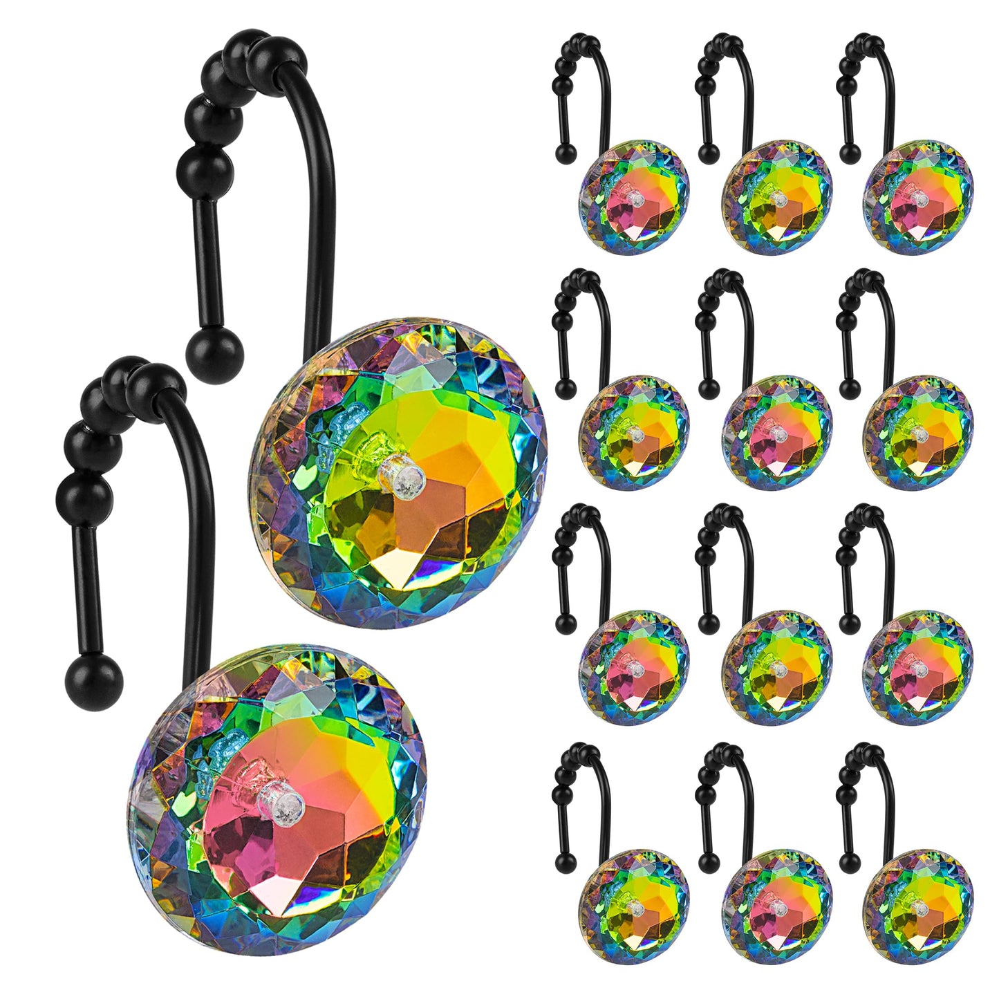 Sunlit Luxury Design Round Yellow Diamond Crystal Gem Bling with Glide Balls Shower Curtain Hooks, Rust Proof Metal Rhinestones Glam Shower Curtain Rings-12 Pack