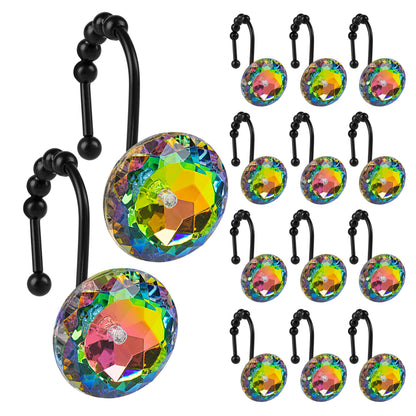 Sunlit Luxury Design Round Yellow Diamond Crystal Gem Bling with Glide Balls Shower Curtain Hooks, Rust Proof Metal Rhinestones Glam Shower Curtain Rings-12 Pack