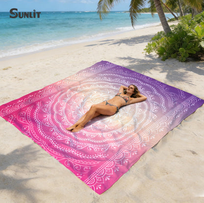 Sunlit Silky Soft Sand Proof Beach Blanket 106"x81" / 85"x72" Sand Proof Mat with Corner Pockets and Mesh Bag for Beach Party, Travel, Camping and Outdoor Music Festival, Mandala